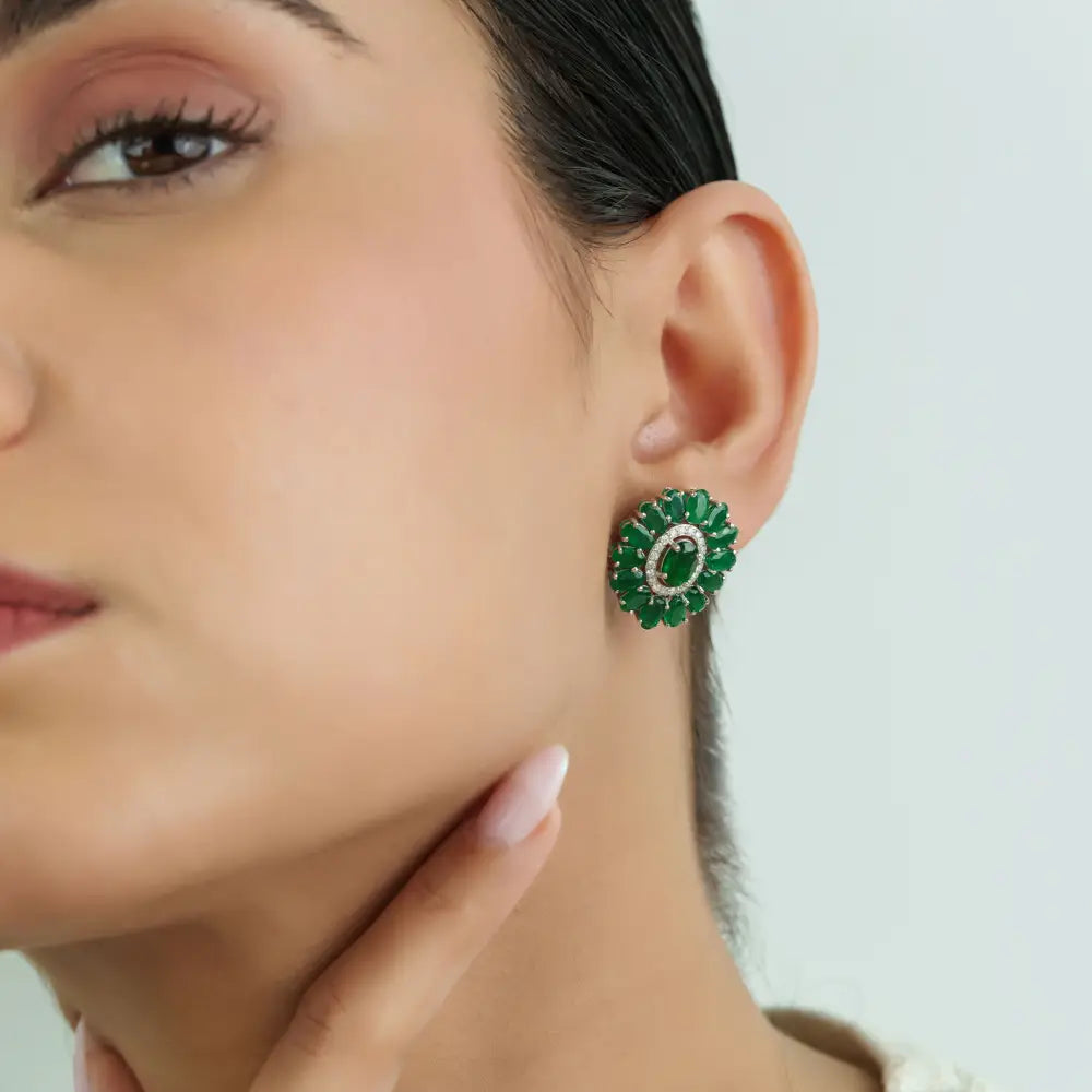 Floral Inspired Zambian Emerald & Diamond Halo Statement Stud Earrings 14K White Gold