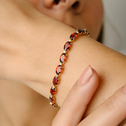 Natural Garnet Oval Cut Gemstone 14K Yellow Gold Bracelet