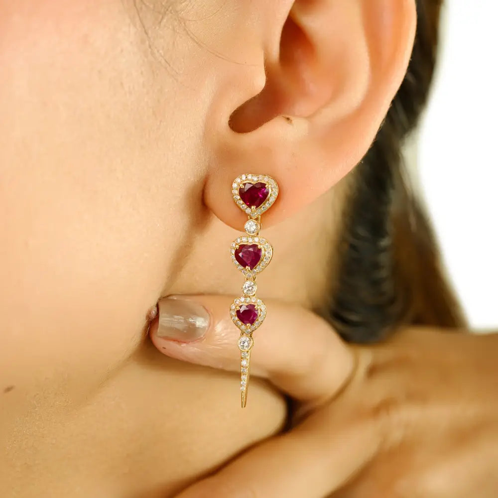 Top Quality Ruby & Diamond Trio Heart Long Dangle Earrings 18K Real Yellow Gold Jewelry