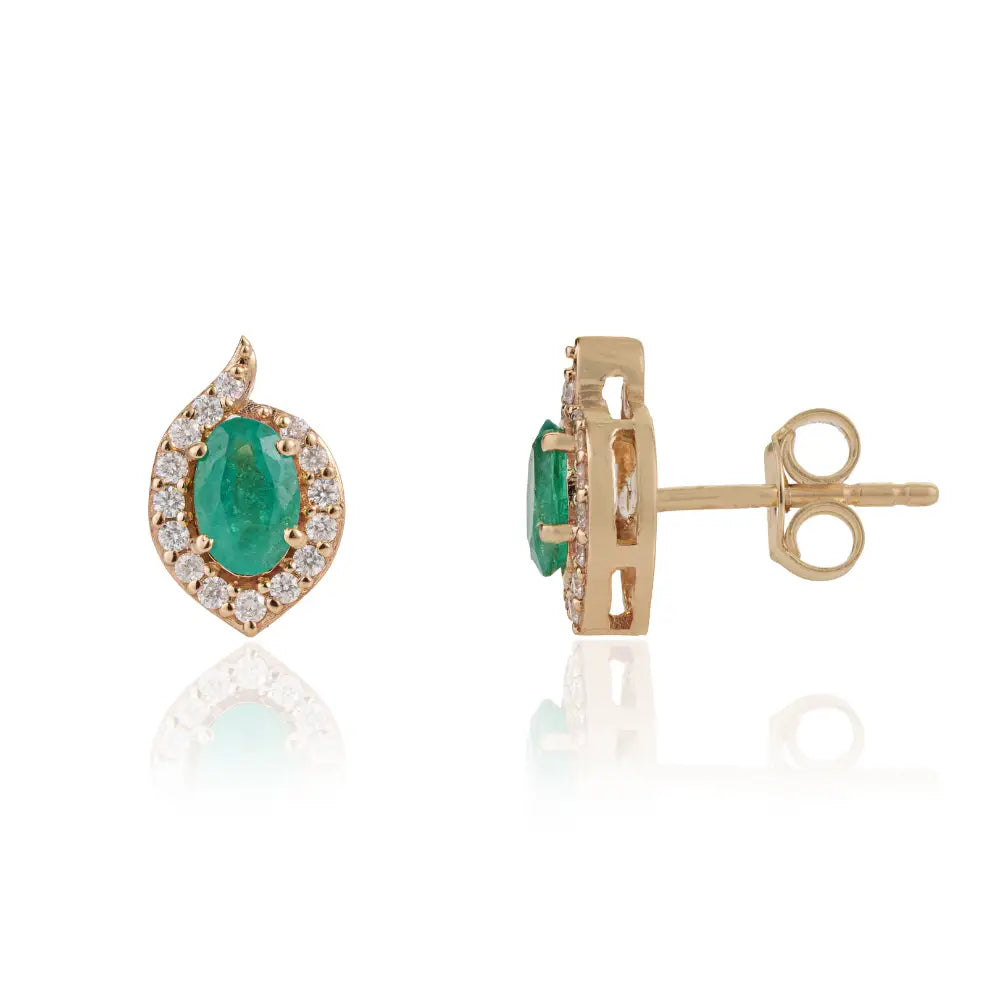 Trendy Design K14 Yellow Gold Emerald & Diamond Halo Stud Earrings For Daily Wear Jewelry