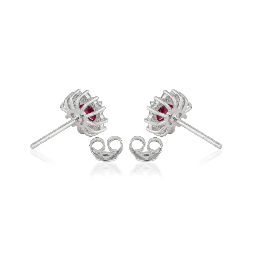 Stunning 18K Real White Gold Ruby & Diamond Pear Shape Cluster Stud Earrings For Women