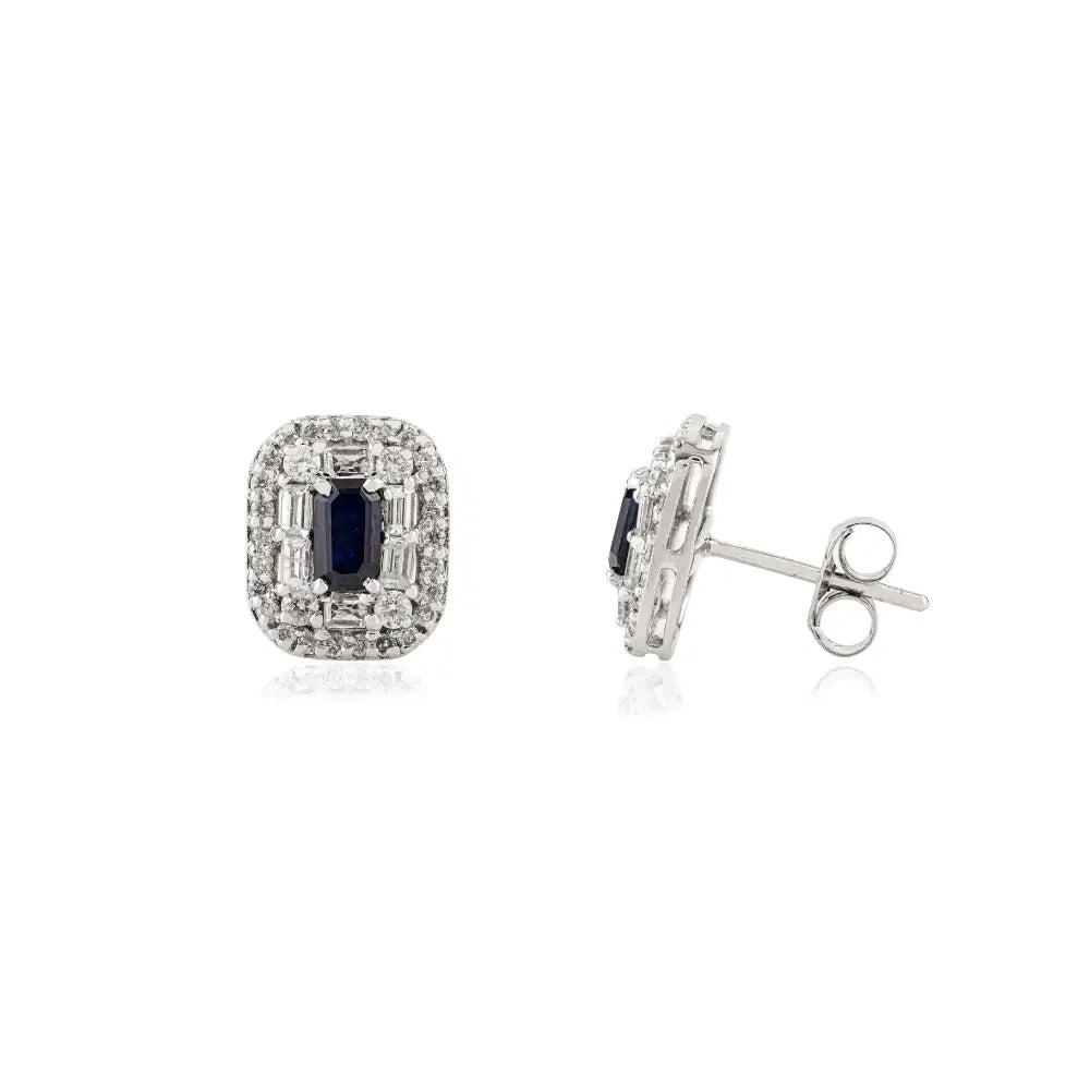 Blue Sapphire & Diamond Push Back Double Cluster Stud Earrings K14 Real White Gold Jewelry