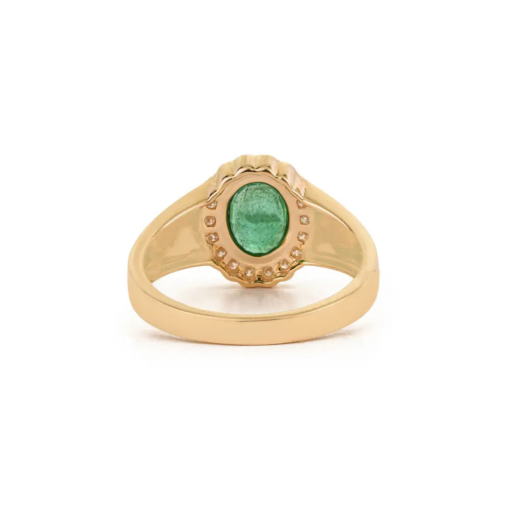 Precious Gemstone Emerald & Diamond Halo Signet Ring 14K Yellow Gold Handmade Jewelry