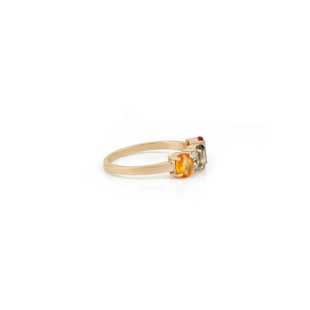 Minimal Simply Multi Sapphire & Diamond Fine Three Stone Ring Pure 14K Yellow Gold Jewelry