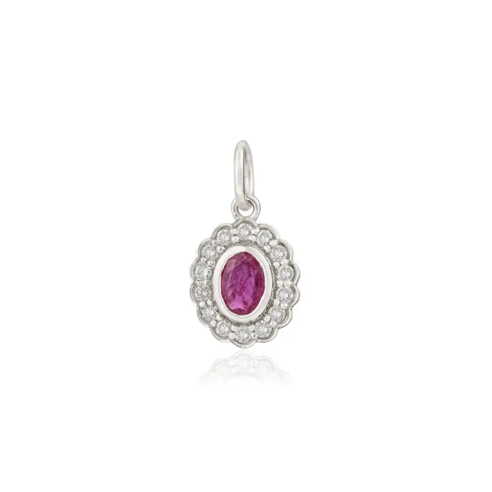Precious Gemstone Ruby & Diamond Solid 14K White Gold Small Cluster Pendant Anniversary Gift