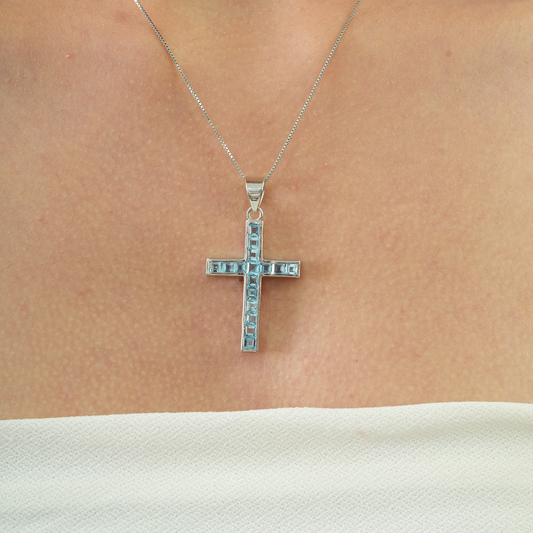 Princess Cut Natural Blue Topaz Gemstone 925 Sterling Silver Unisex Cross Pendant Fine Jewelry