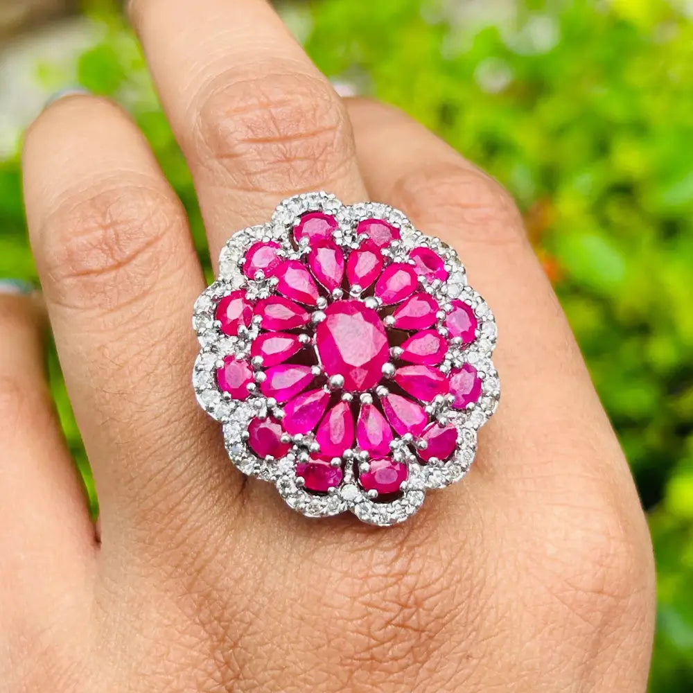 Factory Directly Sale Ruby & American Diamond Cocktail Ring Wholesale July Birthstone Jewelry