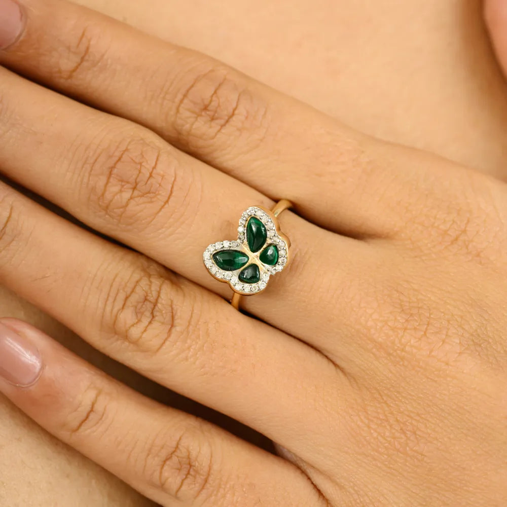 Malachite & Diamond Unique Designer Butterfly Ring For Party Wear Solid K14 Yellow Ring