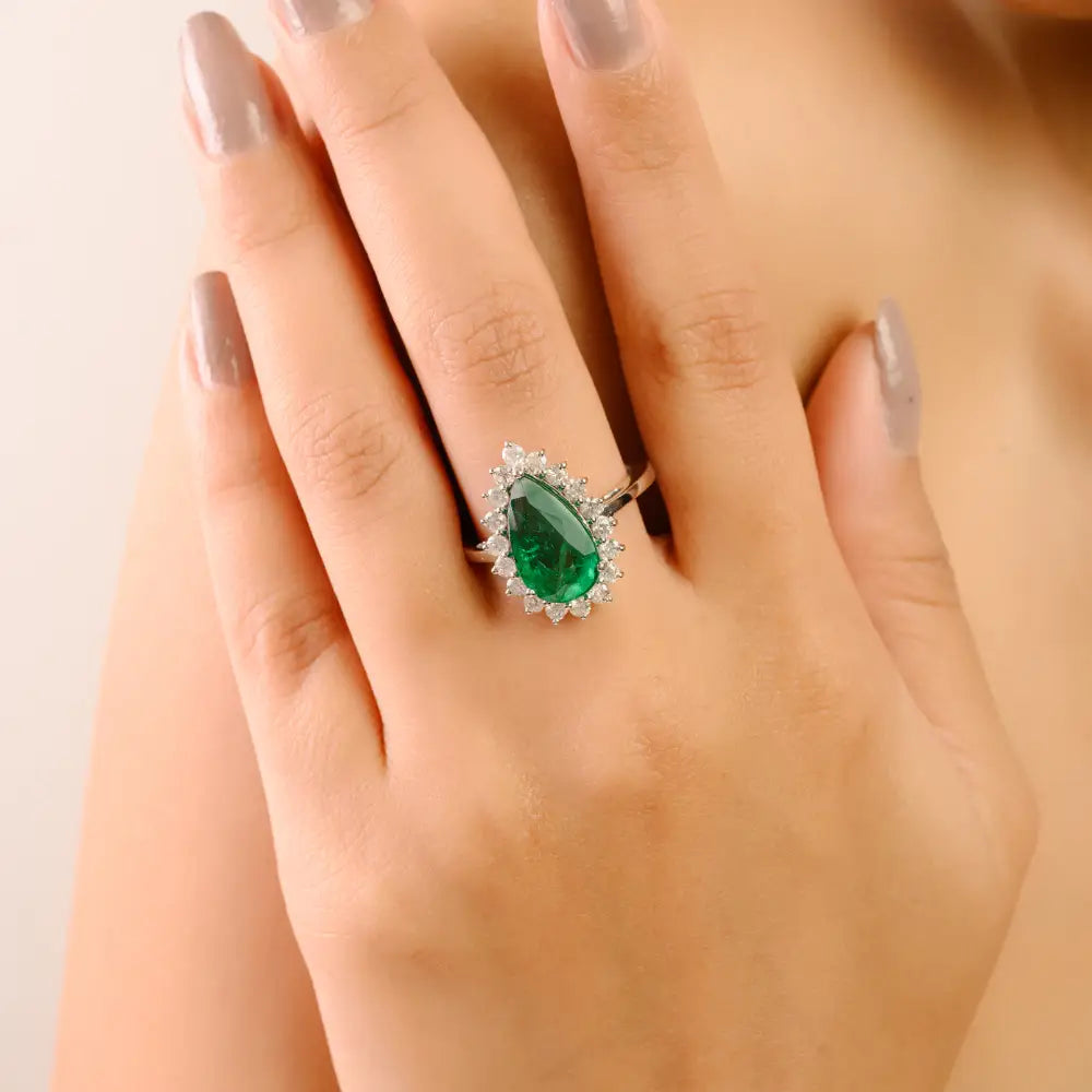 14x8 mm Pear Cut Emerald & Diamond 14K Solid White Gold Cluster Statement Ring Wedding