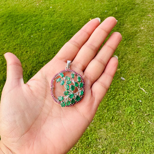 Fine & Handmade Natural Emerald & Ruby Tree Of Life Pendant In 925 Solid Silver