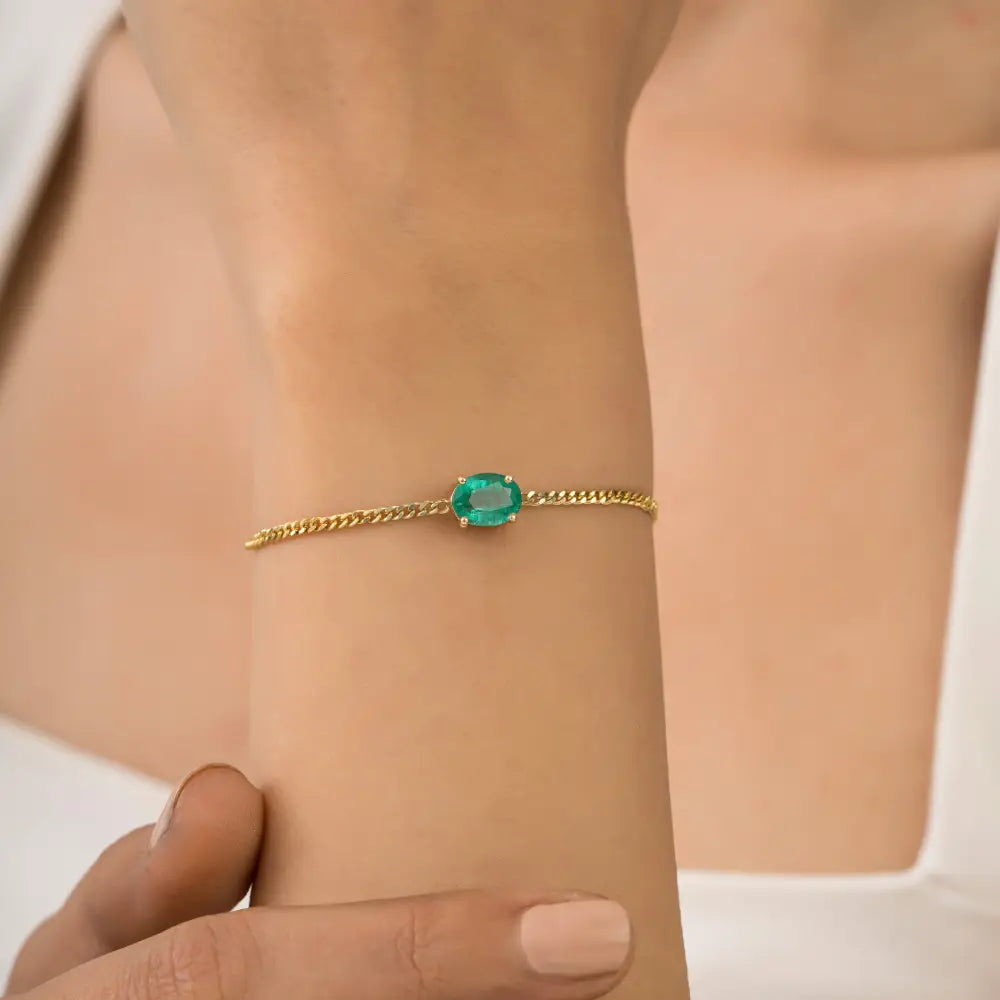 100% Natural Zambian Emerald K14 Yellow Gold Cuban Link Chain Single Stone Bracelet
