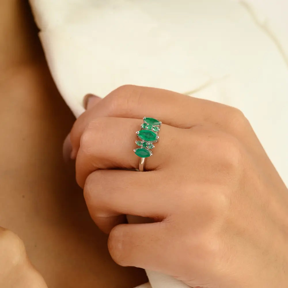 Vintage Style Marquise & Round Cut Emerald Sterling Silver Ring