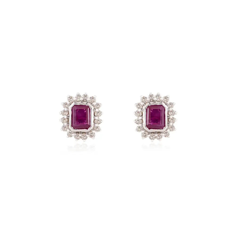 Octagon Shape Ruby & Round Cut Diamond Cluster Halo Stud Earrings 14K Gold Women Jewelry
