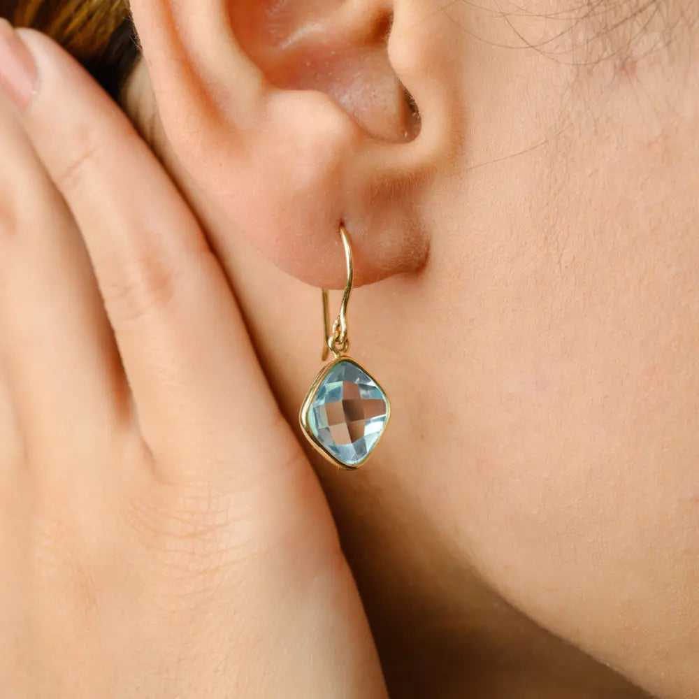 Cushion Shape Blue Topaz 14K Yellow Gold Earring