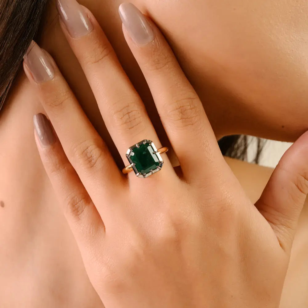 Pinion Bezel Set Emerald Gemstone Black Rhodium Plated Solitaire Gemstone Ring 18K Gold