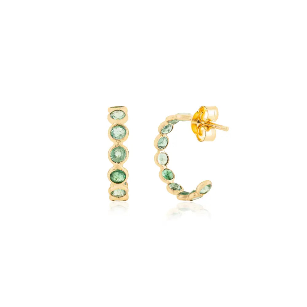 18K Real Yellow Gold Emerald Dainty C Hoop Earrings May Birthstone Everyday Jewelry