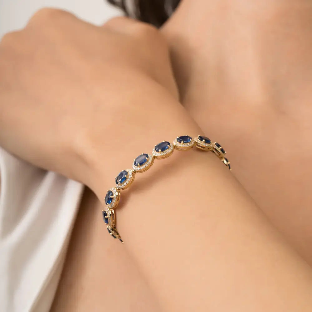 18K Solid Yellow Gold Blue Sapphire & Diamond Halo Tennis Bracelet Statement Bulk Jewelry