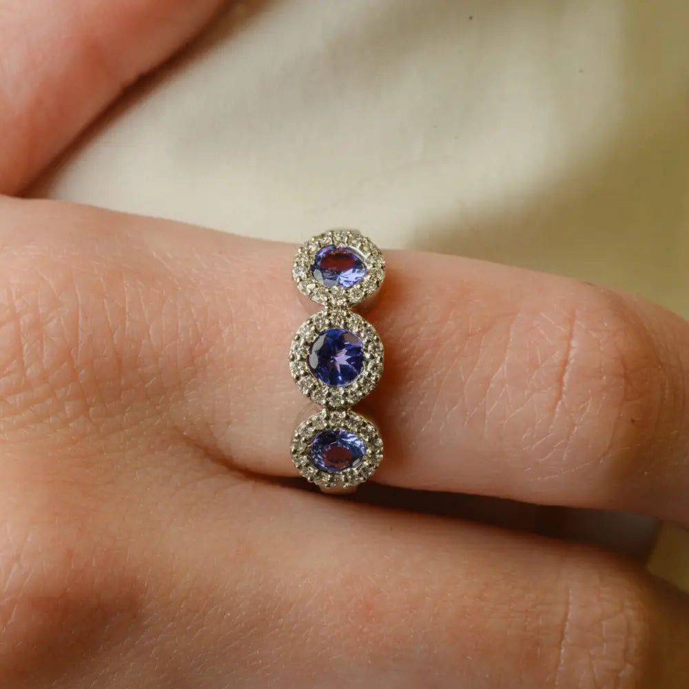 Handmade Natural Tanzanite & Diamond 14K Solid White Gold Statement Ring