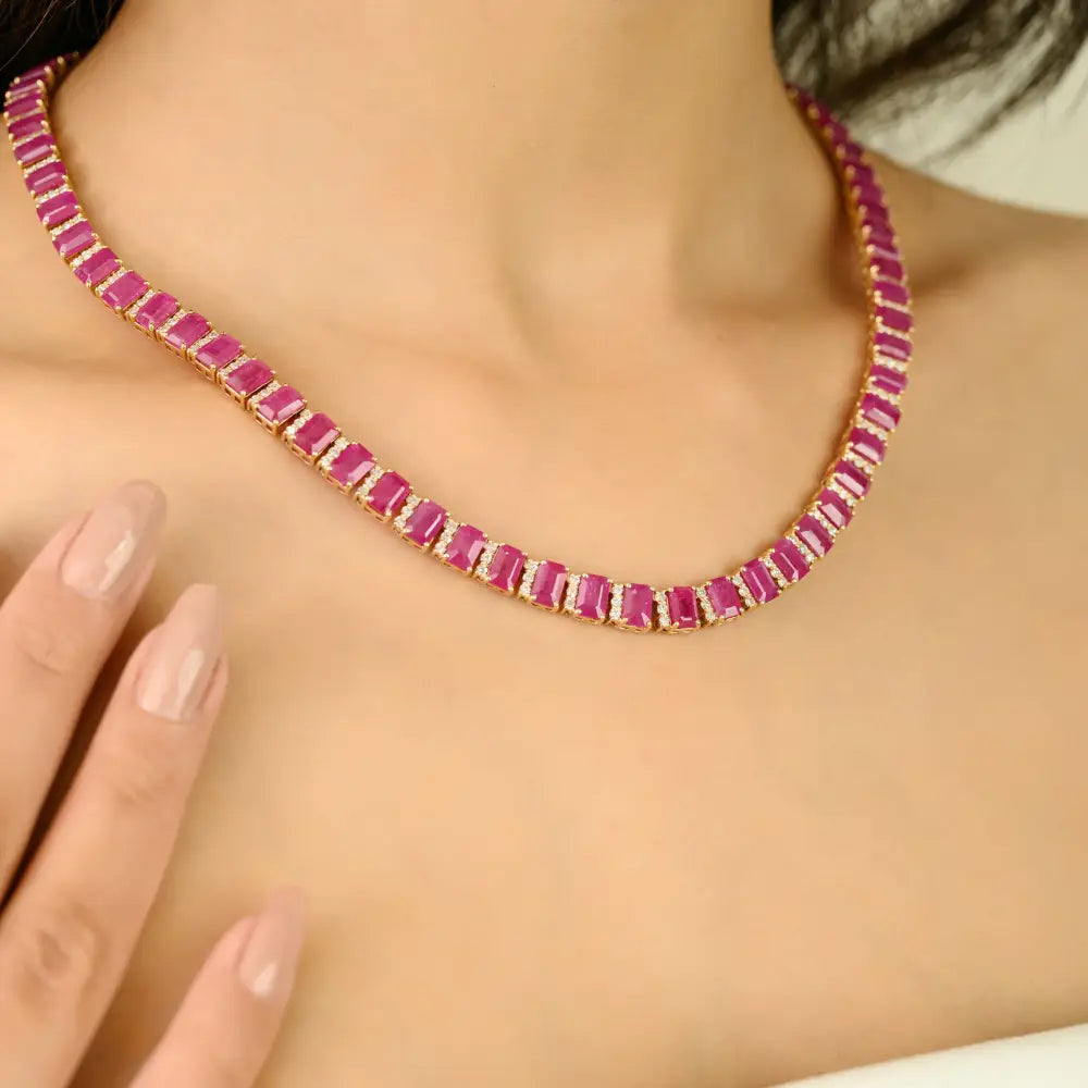 Bridal Jewelry Gemstone Ruby & Diamond Statement Tennis Necklace 14K Solid Yellow Gold