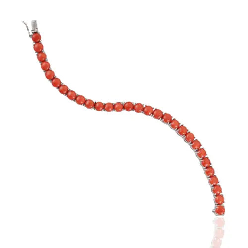 Beautiful 6 mm Round Natural Coral Gemstone 925 Sterling Silver Tennis Bracelet For Women's