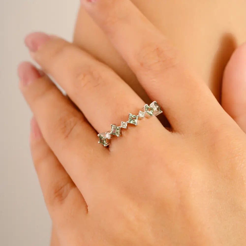 Square Shape Green Sapphire & Round Cut Diamond Stackable Half Eternity Band Ring