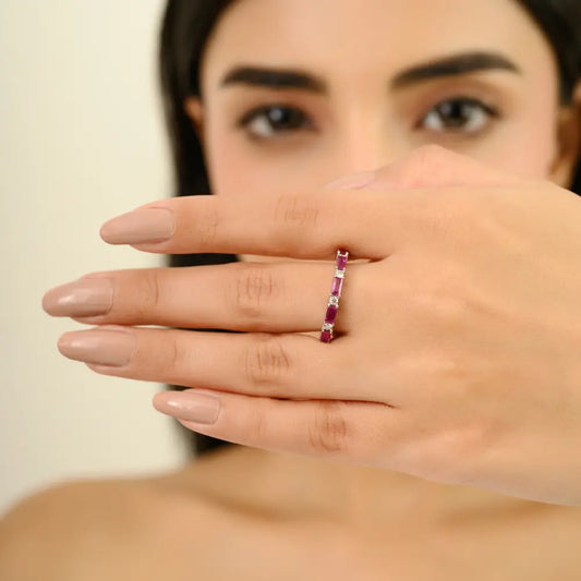 Trending Jewelry 14K White Gold Ruby & Diamond Stackable Half Band Ring Anniversary Gift