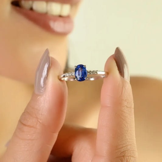 Simple Elegant Blue Sapphire & Diamond 14K White Gold Stackable Gemstone Ring For Women