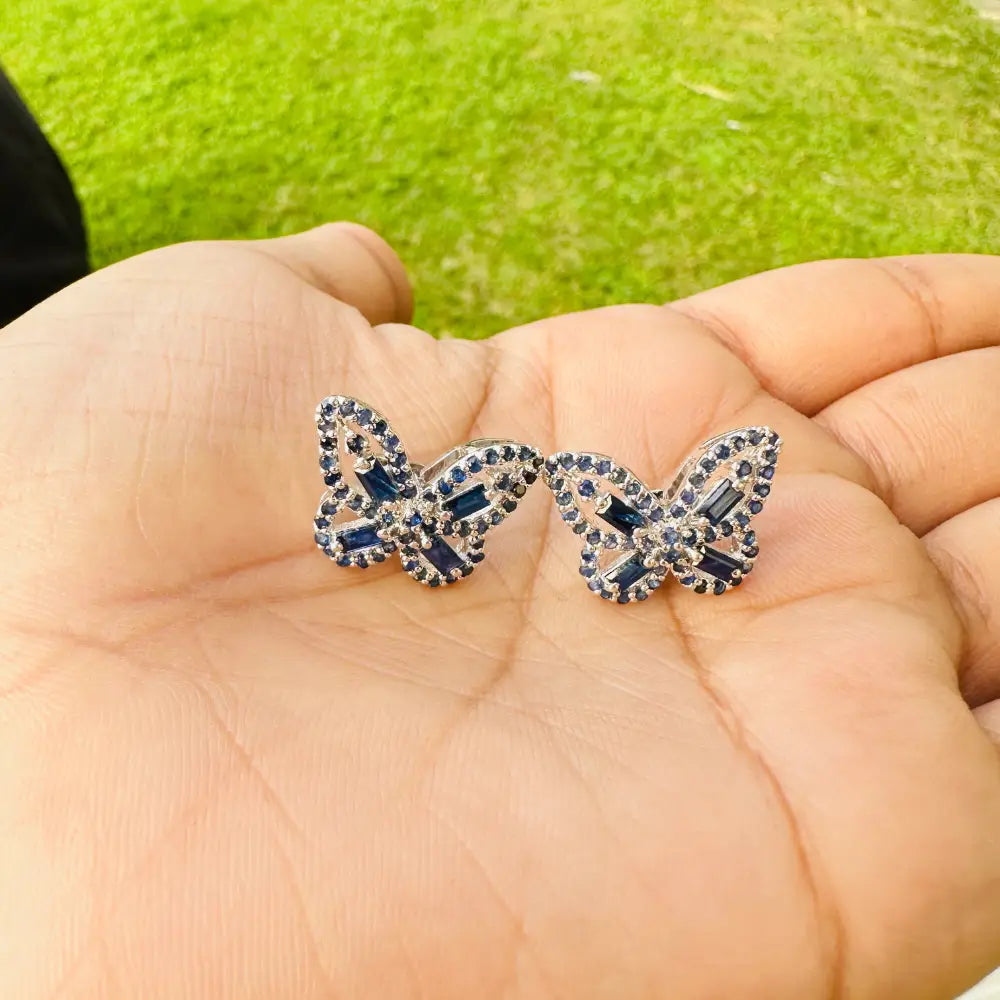 Jewelry Manufacturer Real Blue Sapphire Butterfly Shape Statement Stud Earrings For Wedding