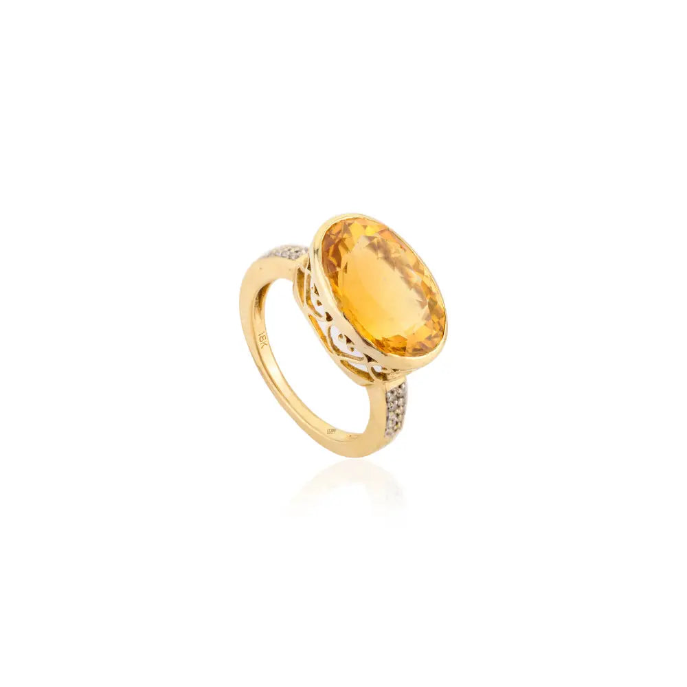 Classic Style 18k Yellow Gold Natural Citrine & Diamond Statement Ring For Wedding Custom Made Jewelry