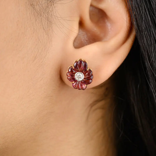K18 Yellow Gold Carved Tourmaline & Diamond Stud Earring For Mothers Day Gift