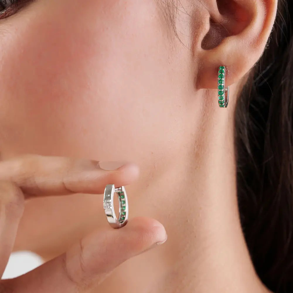 Precious Gemstone Jewelry Solid K18 White Gold Emerald & Diamond Huggie Hoop Earrings