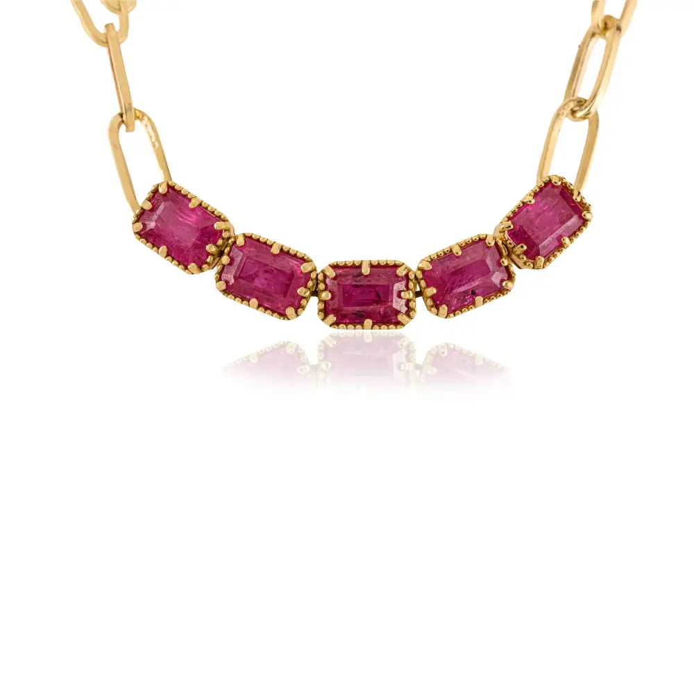 Hot Sale Pinion Bezel Set Ruby Paperclip Chain Five Stone Necklace Women Solid 18K Yellow Gold