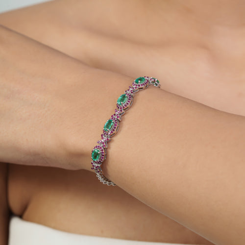High Quality Natural Emerald & Ruby Gemstone 925 Silver Half Chain Tennis Bracelet
