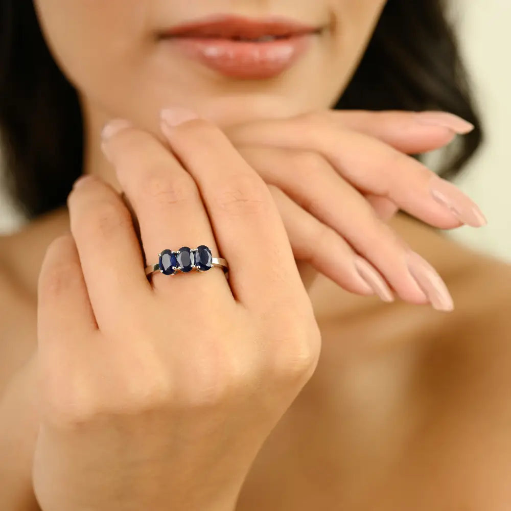 Elegant Design Oval Shape Blue Sapphire Three Stone Ring For Unisex 14K Real White Gold