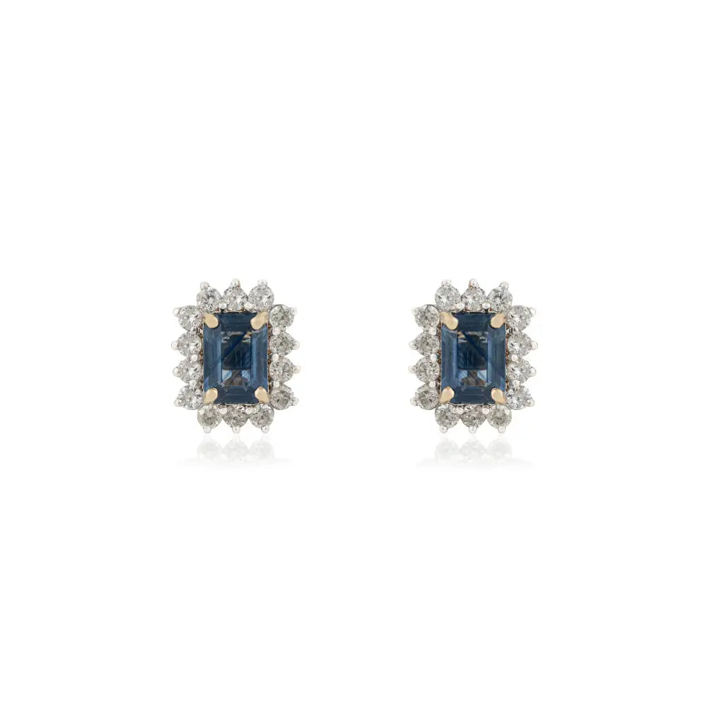 14K Real Yellow Gold Blue Sapphire & Diamond K14 Yellow Gold Cluster Stud Earrings For Women