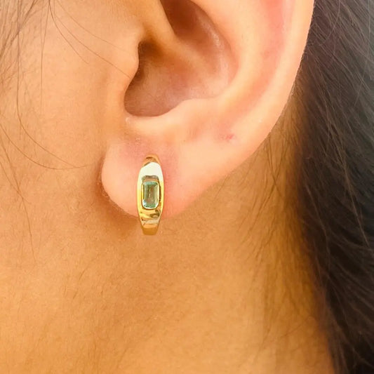 Trending Jewelry Natural Emerald 14K Solid Yellow Gold Minimal Dome Huggie Earring