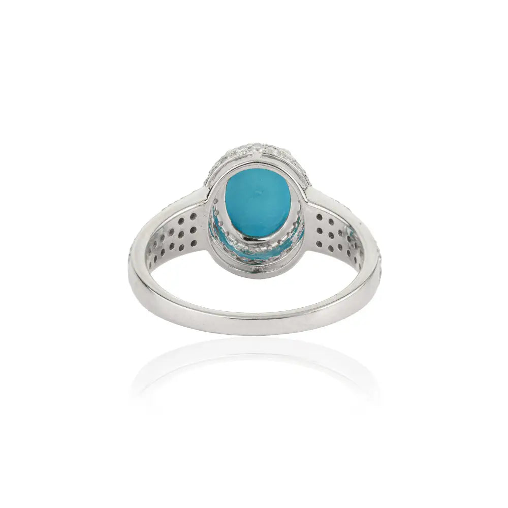 Double Prong Set Turquoise & Diamond Original 14K White Gold Halo Ring For Unisex Jewelry
