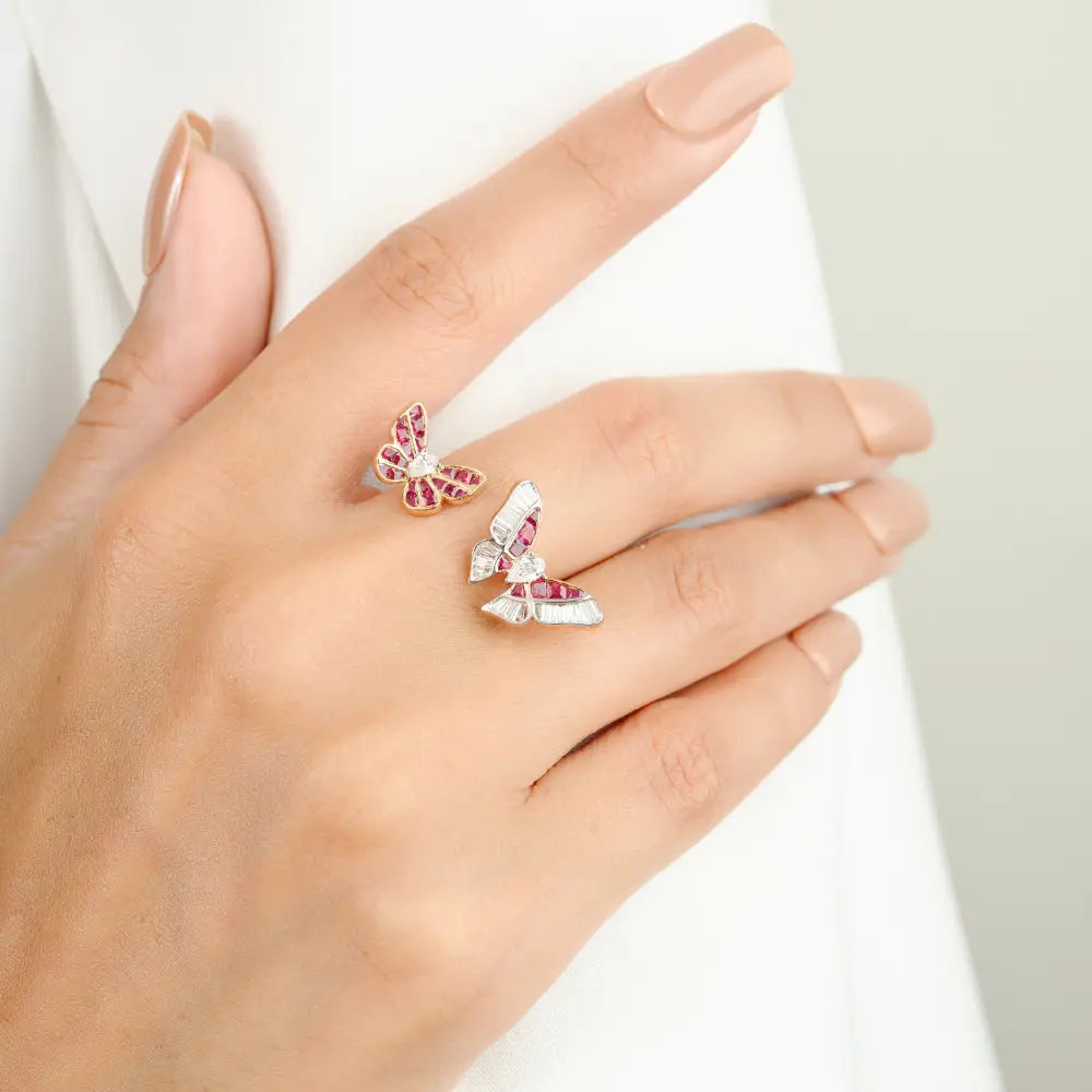 Unique Latest Design Ruby & Diamond 18K Rose Gold Twin Butterfly Open Ring For Party
