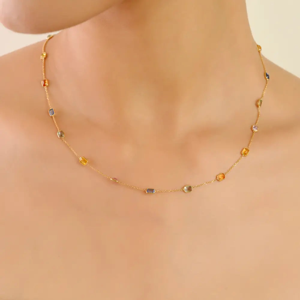 Delicate Stacking Station Chain Necklace Featuring Multi Sapphire Gemstone 18K Gold Jewelry