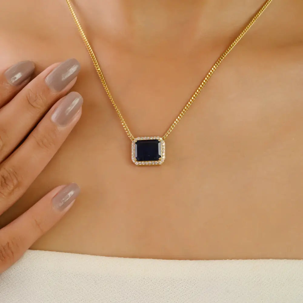 Prong Set Blue Sapphire & Diamond Single Stone Halo Pendant Necklace For Women 14K Gold