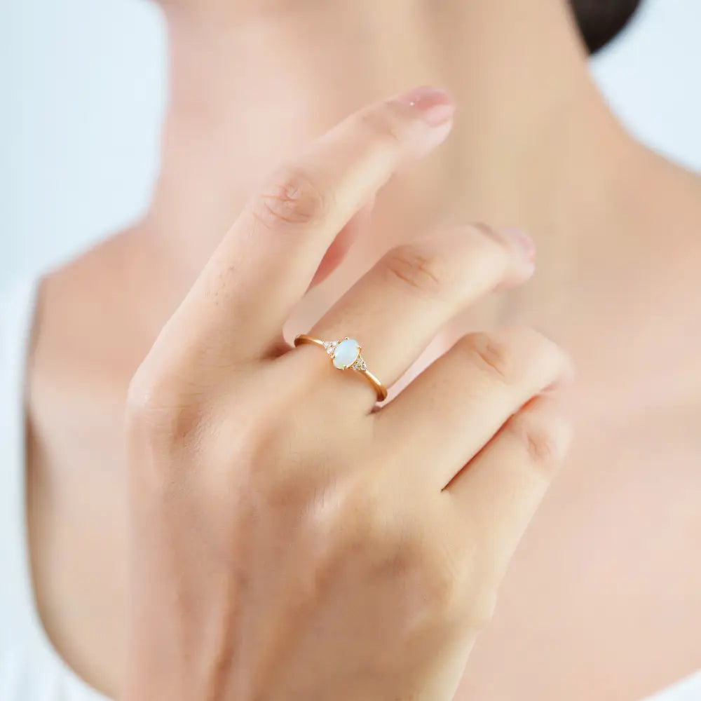 Dainty Stacking Design 14K Yellow Gold Opal & Diamond Minimalist Ring For Daily Wear Jewelry