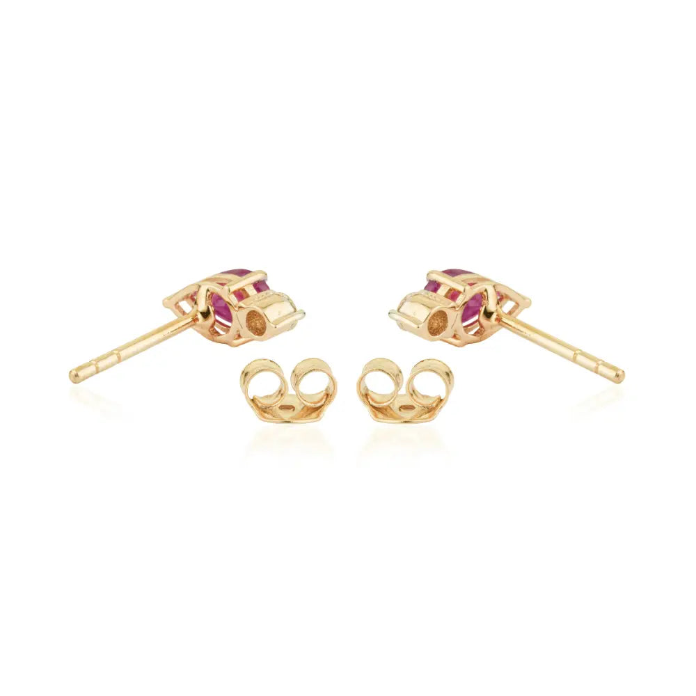 July Birthstone K14 Yellow Gold Ruby & Diamond Minimalist Stud Earrings Everyday Wear Jewelry