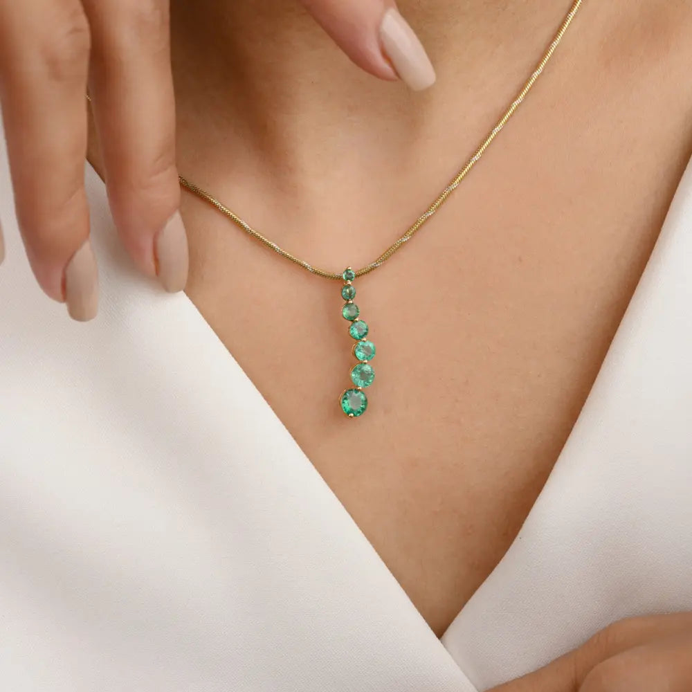 100% Natural Emerald 14K Solid Yellow Gold Long Pendant