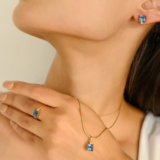 3 Pcs Ring Earrings & Pendant Genuine Blue Topaz & Diamond Jewelry Set 18K Yellow Gold