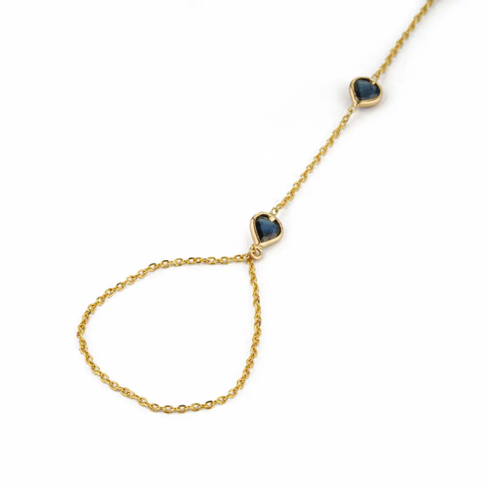 Elegant Classic Design Heart Shape Blue Sapphire Hand Chain Bracelet Women's Jewelry 14K Yellow Gold