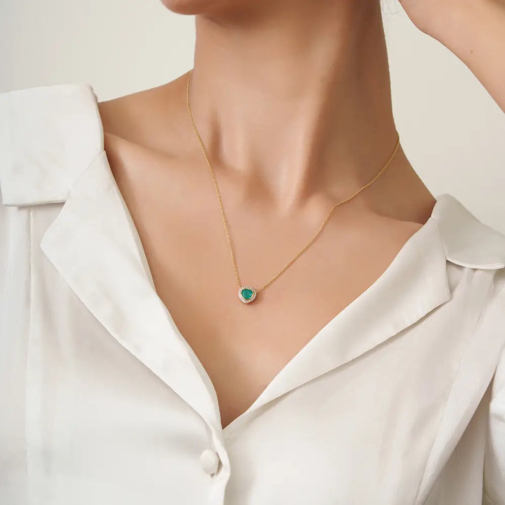Handcrafted Design 14K Yellow Gold Emerald & Diamond Heart Shape Halo Pendant Necklace