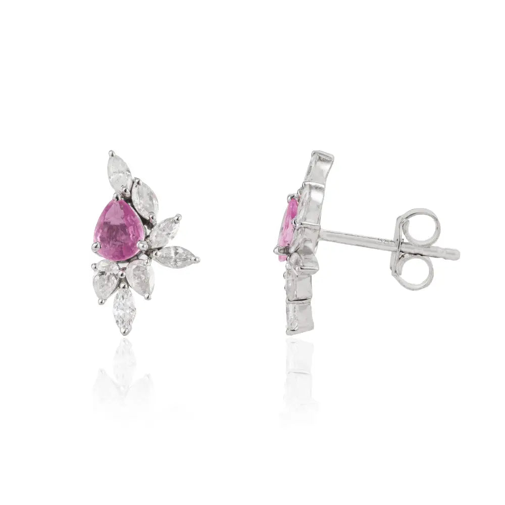 Unique Design Pink Sapphire & Diamond Stud Earrings Birthstone Jewelry 14K White Gold