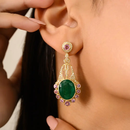 Luxurious Emerald Pink Sapphire & Diamond 14K Yellow Gold Wedding Chandelier Earrings