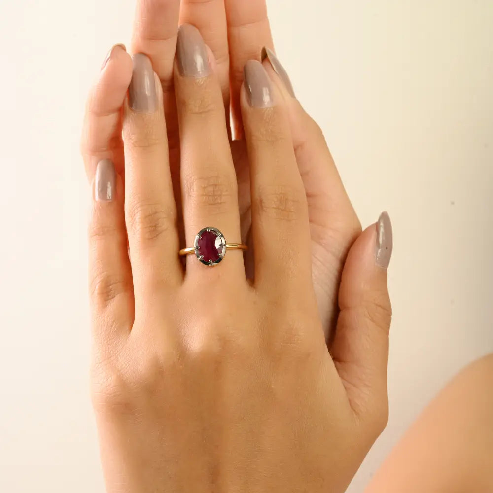 100% Genuine Ruby Single Stone Fine Gemstone Ring Black Rhodium Plated 18K Gold Jewelry