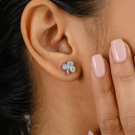 Genuine Heart Shape Aquamarine Clover Stud Earrings 18K Real White Gold Minimal Jewelry